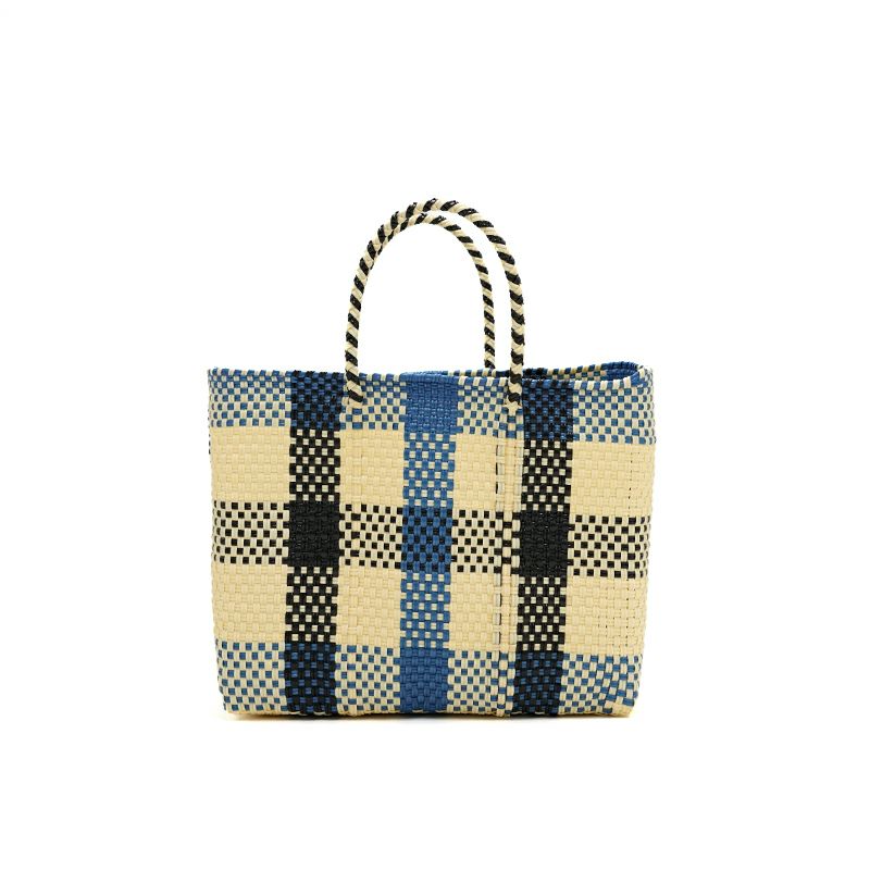 MERCADO BAG - 3 COLORS CHECK - Metallic Blue / Cream / Black (XS 