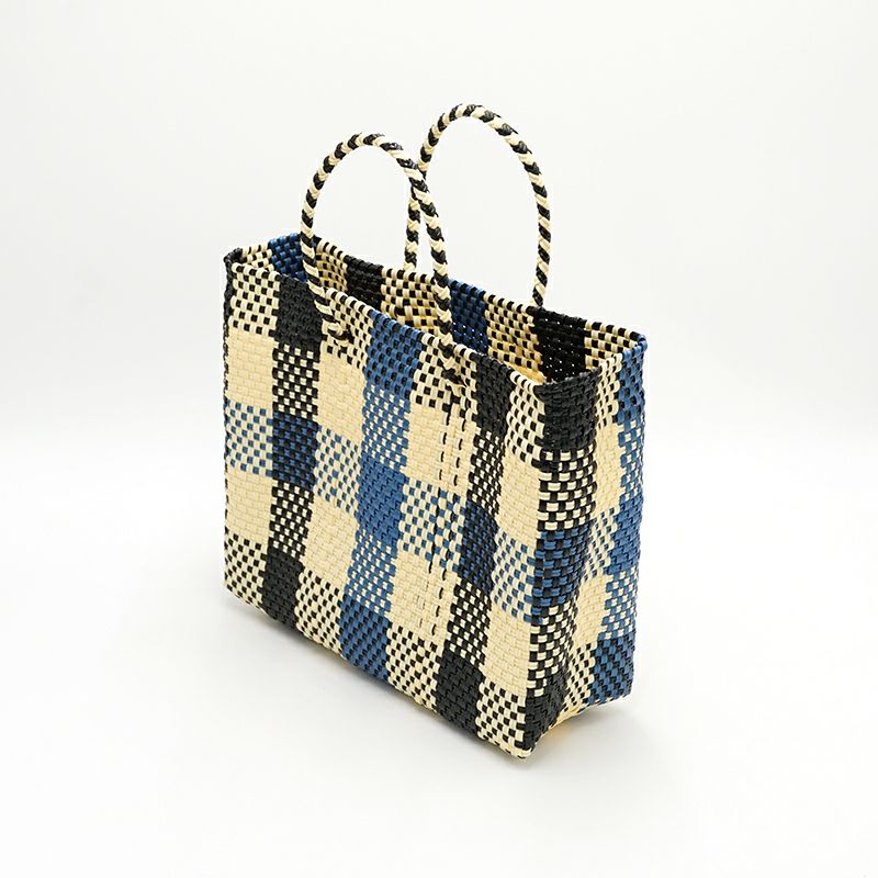 MERCADO BAG - 3 COLORS CHECK - Metallic Blue / Cream / Black