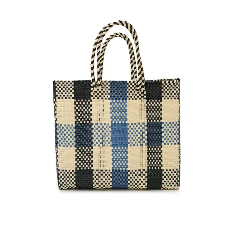 MERCADO BAG - 3 COLORS CHECK - Metallic Blue / Cream / Black (S