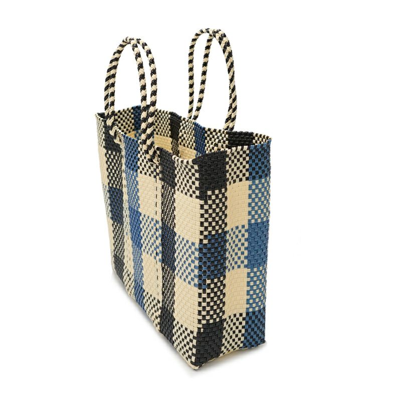 MERCADO BAG - 3 COLORS CHECK - Metallic Blue / Cream / Black