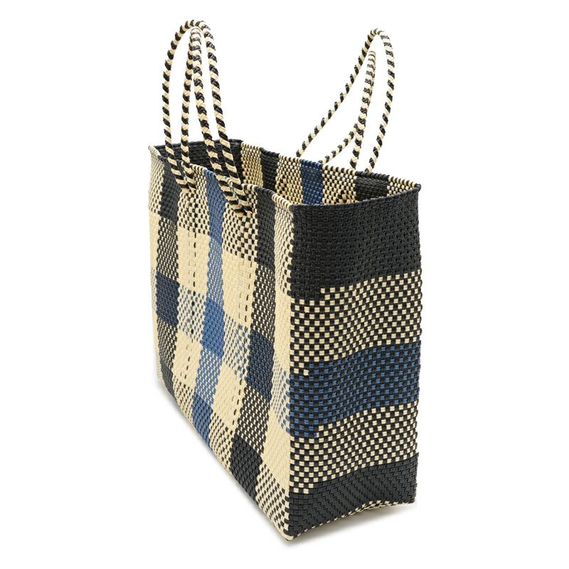 MERCADO BAG - 3 COLORS CHECK - Metallic Blue / Cream / Black