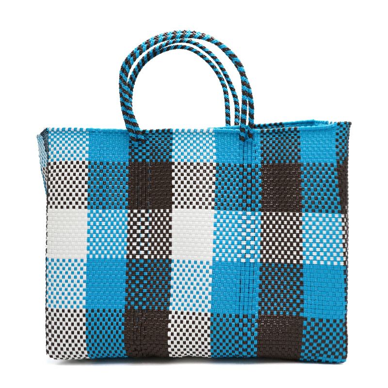 MERCADO BAG - 3 COLORS CHECK - Brown / Lt.Blue / White (L) | Letra