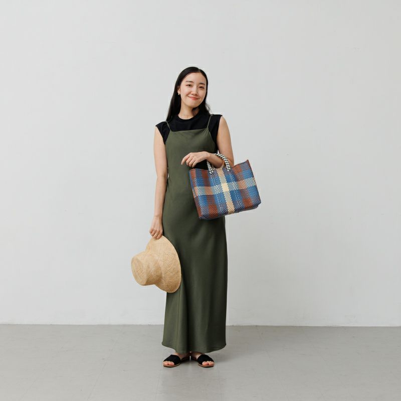 MERCADO BAG - 3COLORS CHECK - Metallic Blue / Gold / Cream