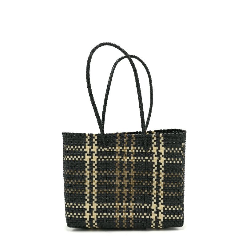 MERCADO BAG - LINE CHECK - LONG HANDLE - Black / Cream / Gold