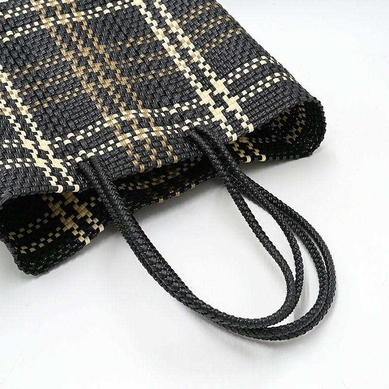 MERCADO BAG - LINE CHECK - LONG HANDLE - Black / Cream / Gold / (S