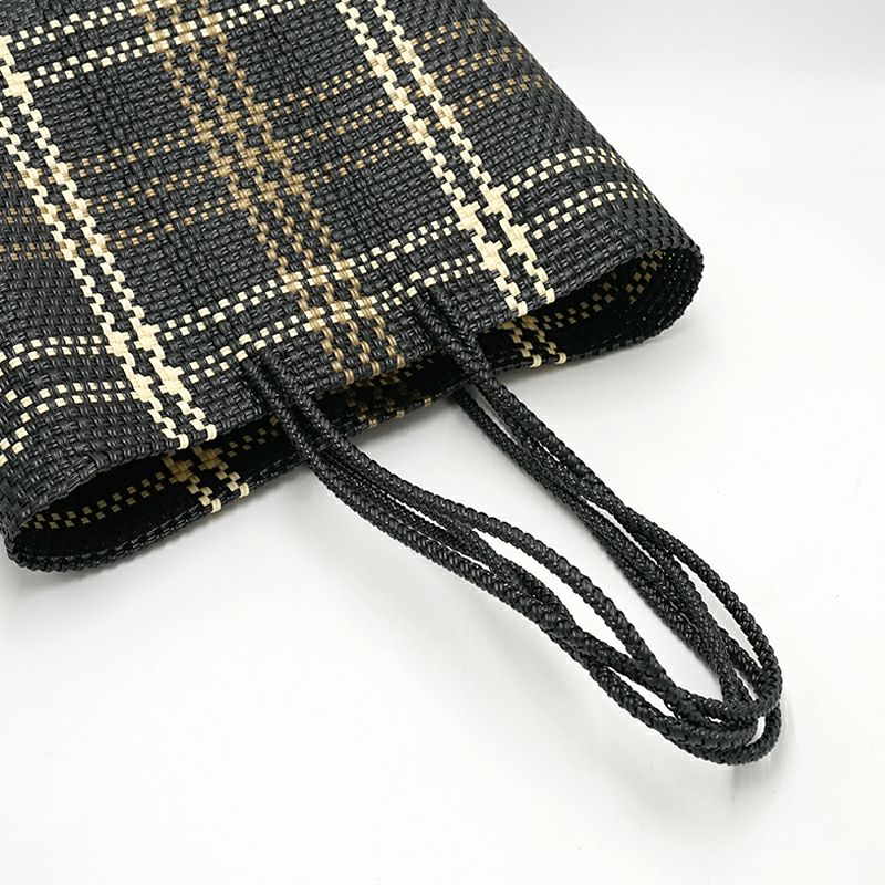 MERCADO BAG - LINE CHECK - LONG HANDLE - Black / Cream / Gold / (M